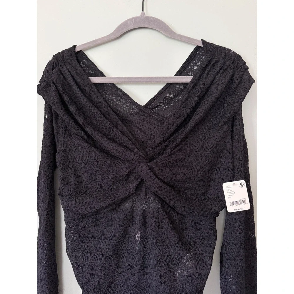 Free People Hold Me Closer Top Black Lace V-Neck Long Sleeve Shirt Large NWT NEW